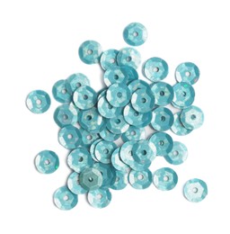 Photo of Pile of turquoise sequins isolated on white, top view