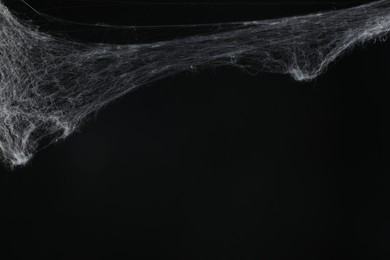 Photo of Creepy cobweb on black background, space for text