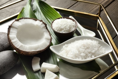 Ingredients for natural body scrub on metal tray