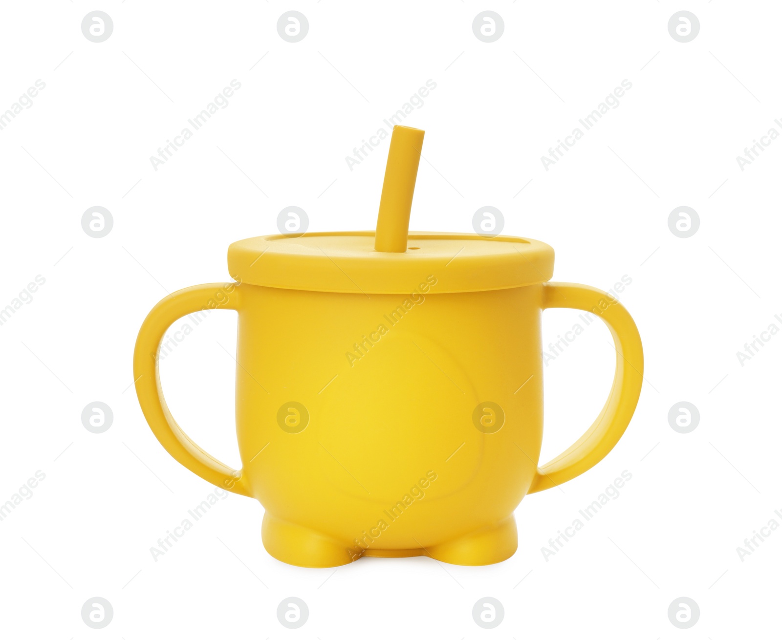 Photo of Plastic baby cup with lid and straw isolated on white