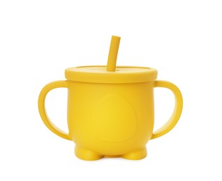 Photo of Plastic baby cup with lid and straw isolated on white