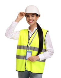 Photo of Engineer with hard hat and badge on white background