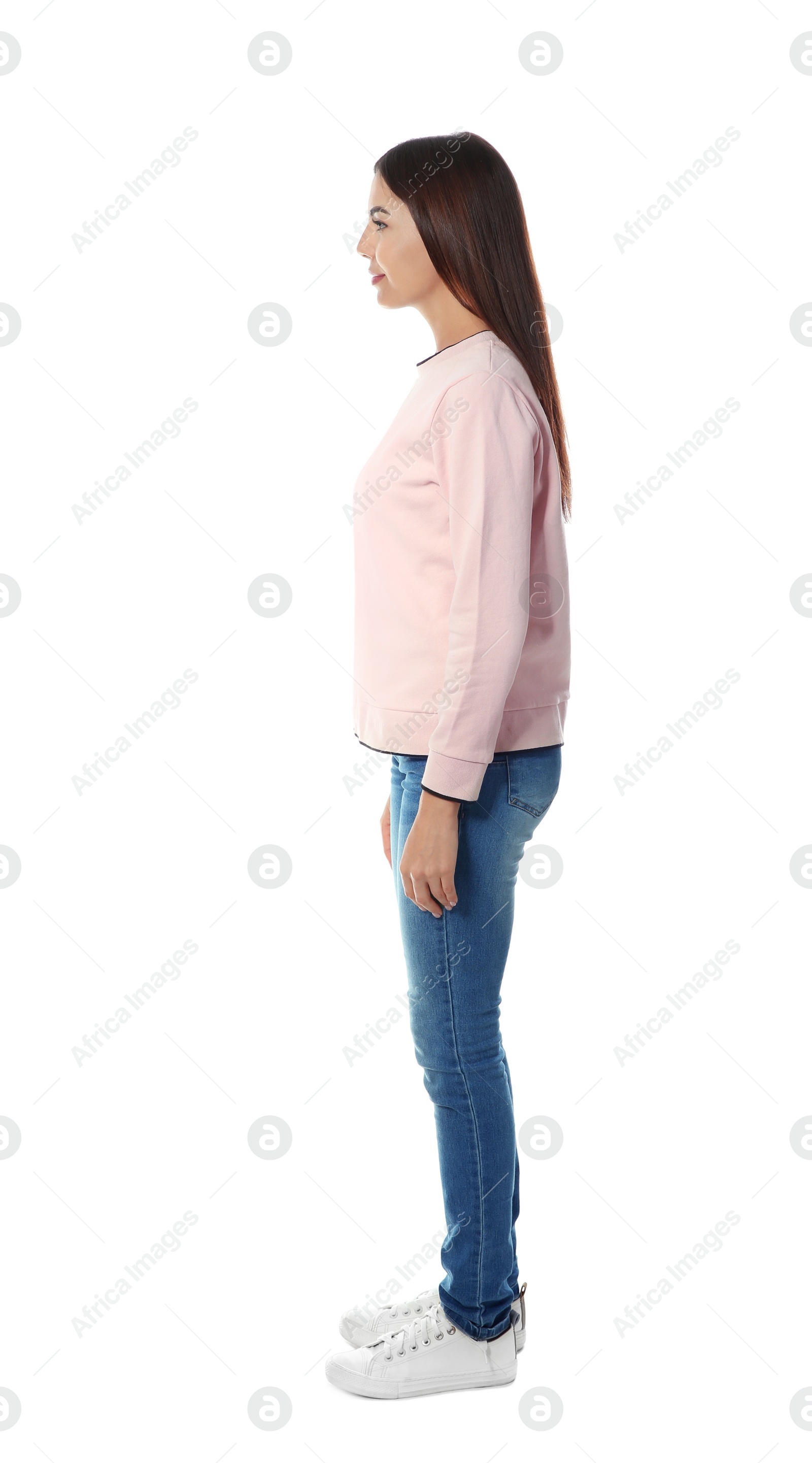 Photo of Full length portrait of pretty woman on white background