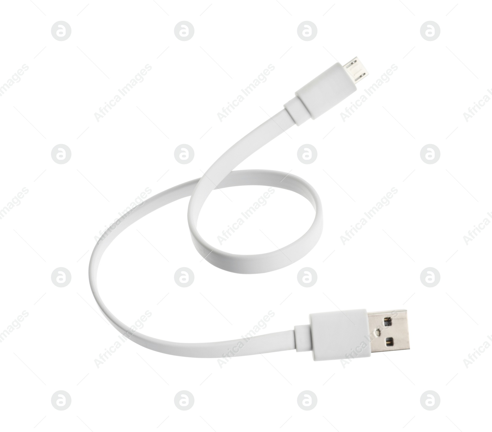 Photo of USB charge cable isolated on white, top view. Modern technology