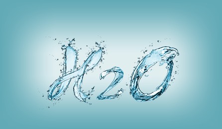 Image of Chemical formula H2O made of water on light blue background