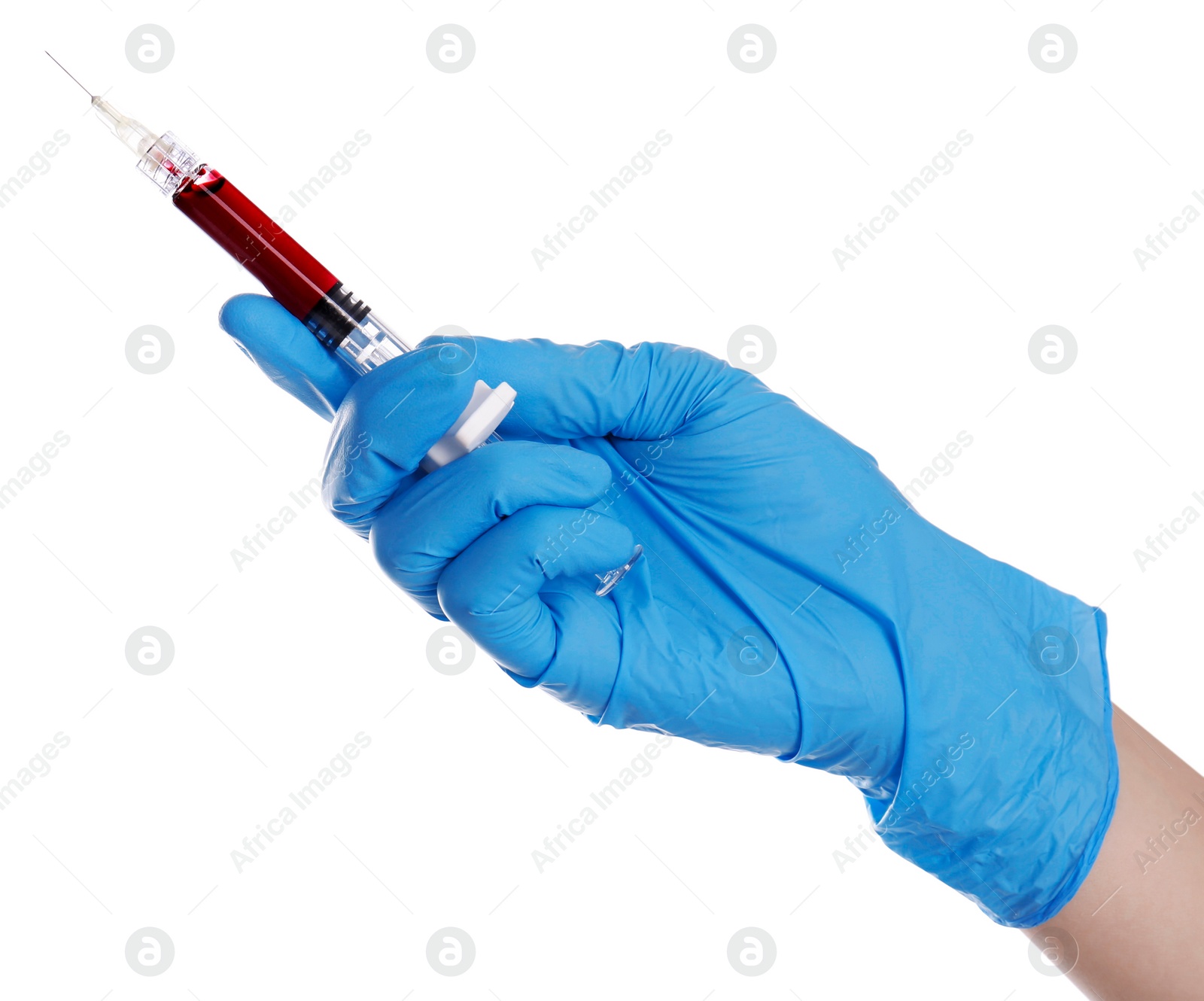 Photo of Nurse holding syringe with blood on white background, closeup