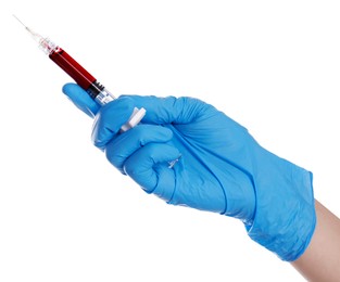 Photo of Nurse holding syringe with blood on white background, closeup