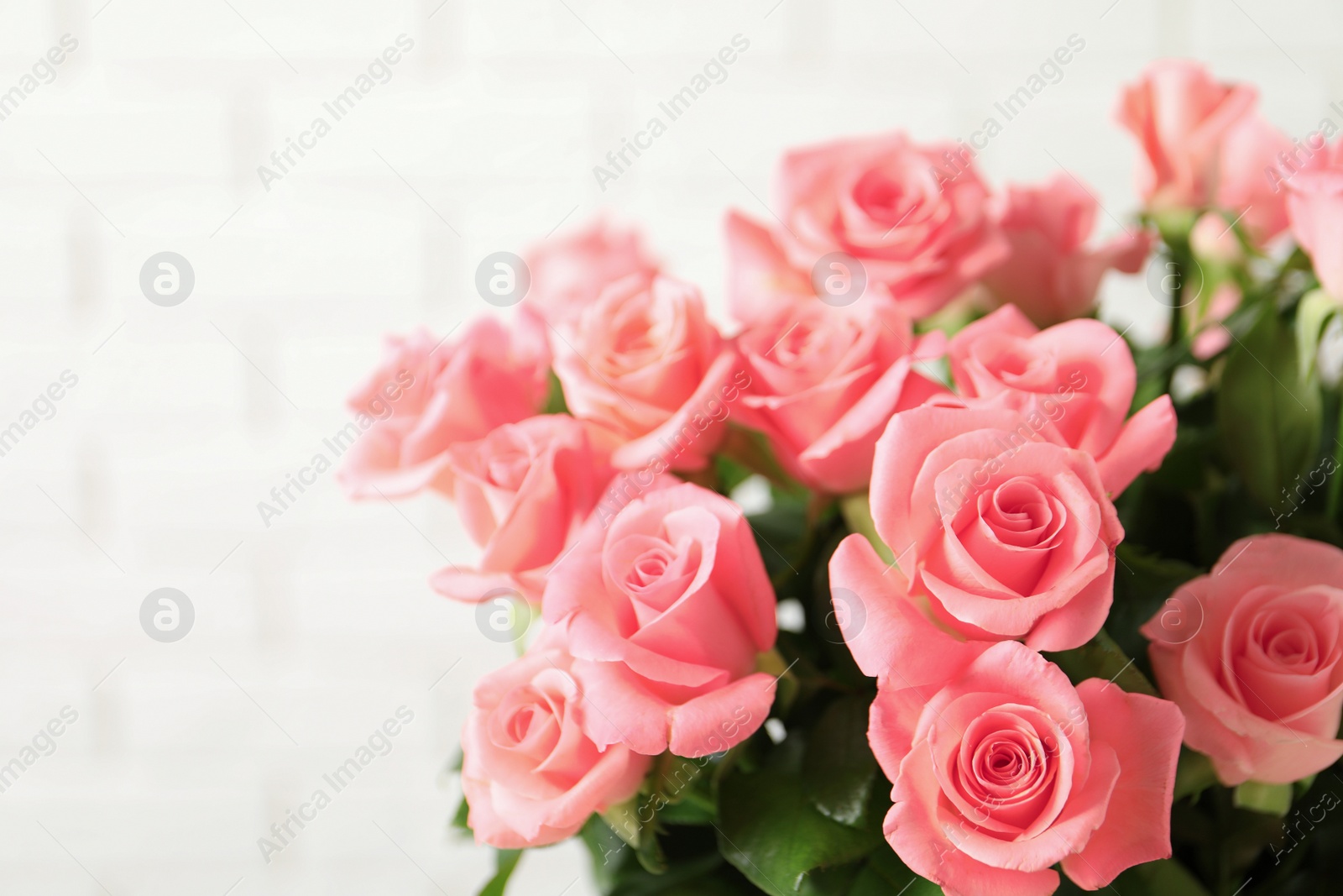 Photo of Bouquet of beautiful roses on blurred background