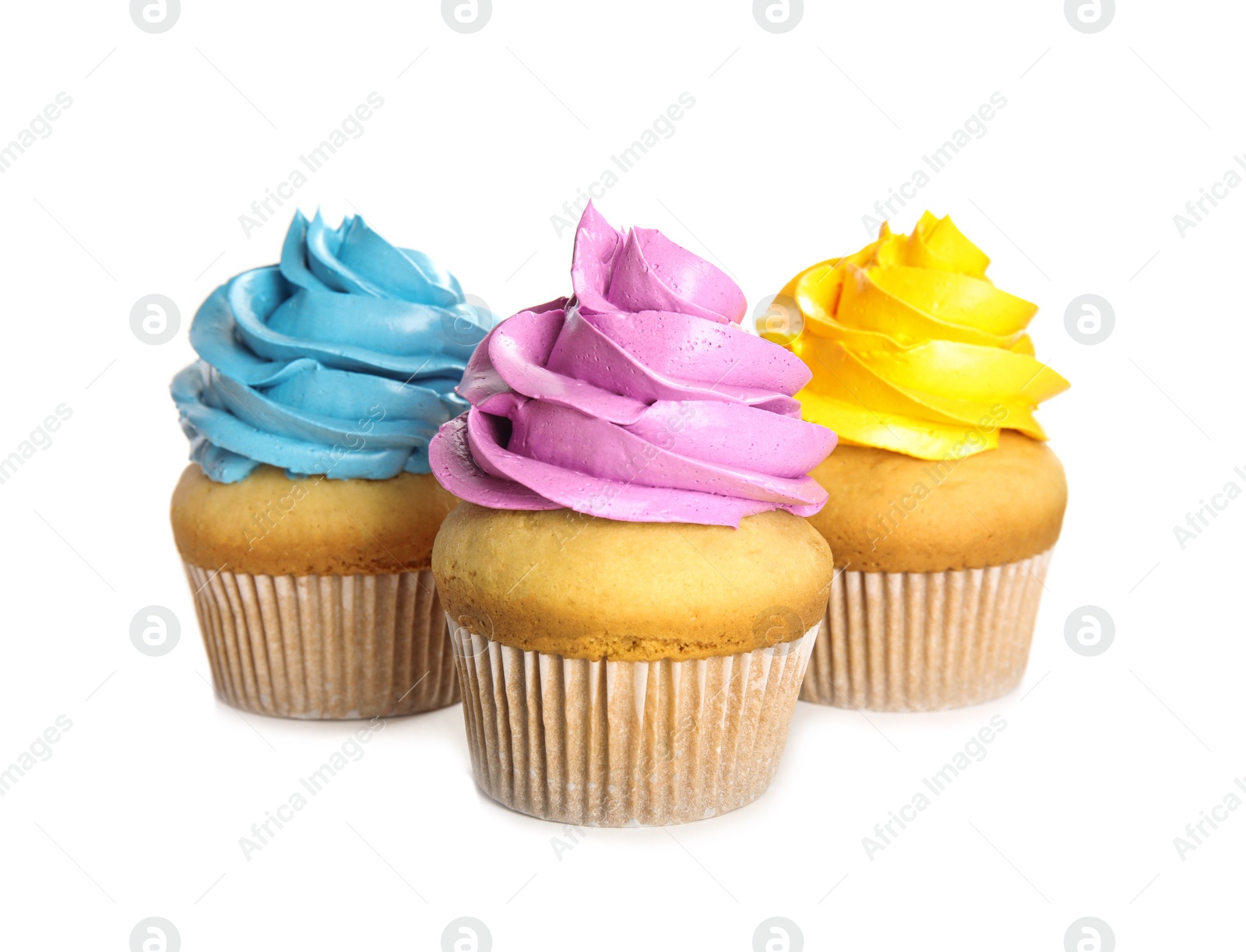 Photo of Delicious cupcakes isolated on white. Birthday treats