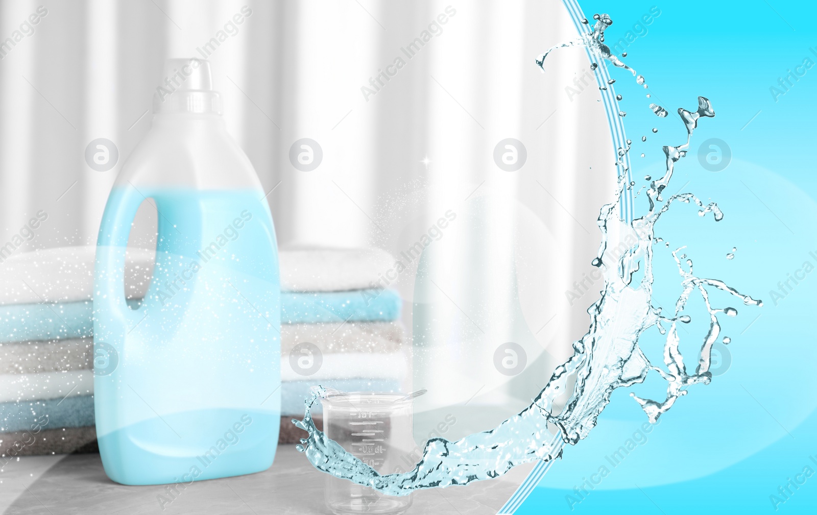 Image of Fabric softener advertising design. Bottle of conditioner, soft clean towels and splash of water