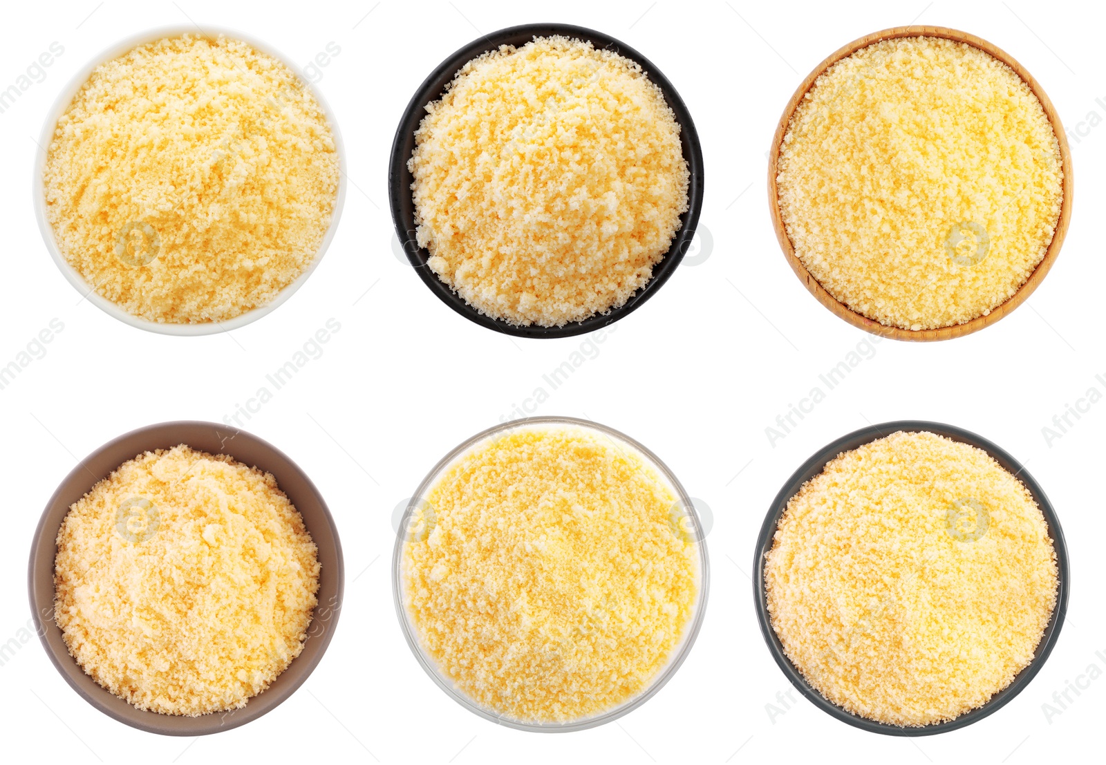 Image of Set with delicious parmesan cheese on white background, top view