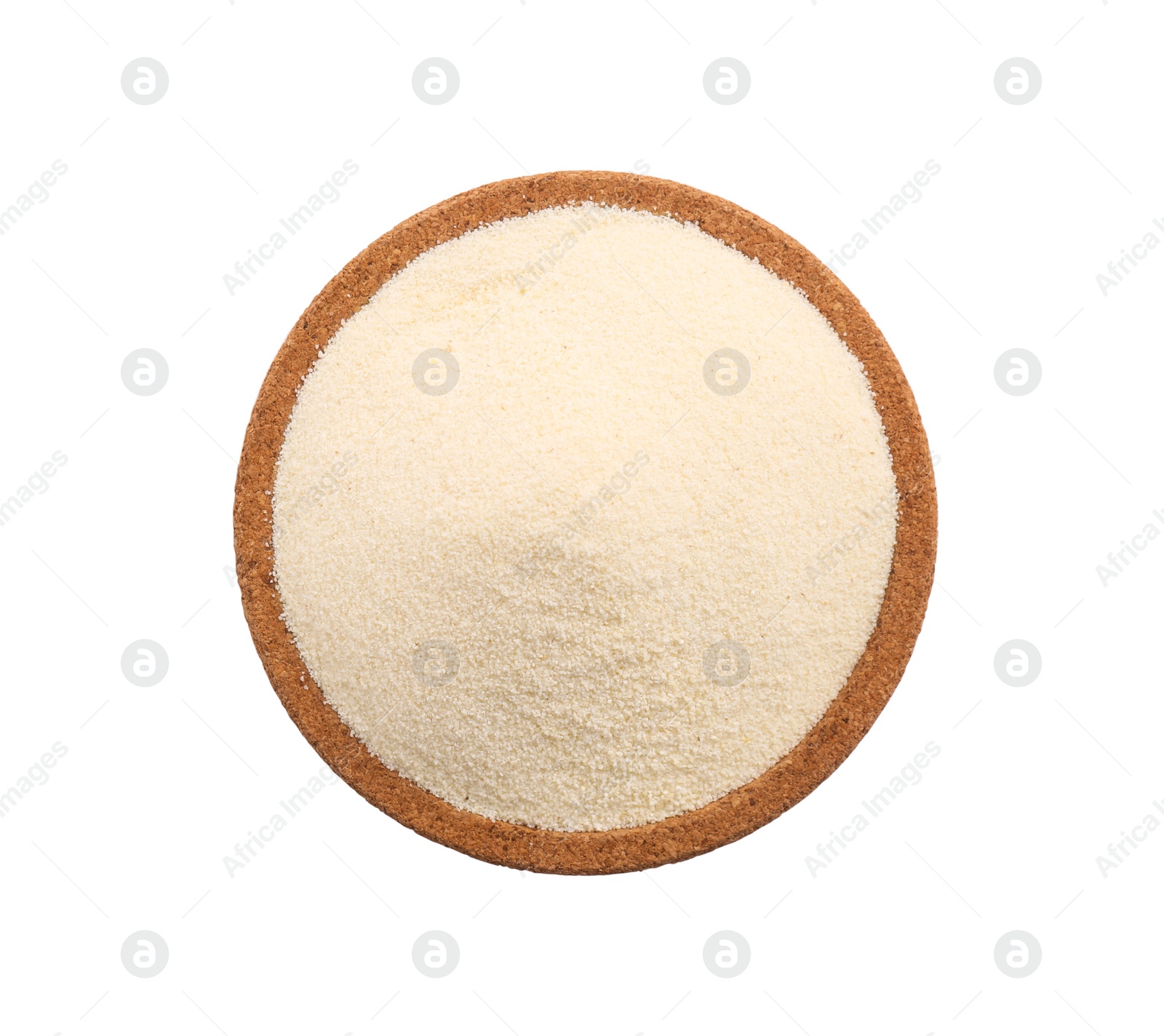 Photo of Uncooked semolina in bowl isolated on white, top view