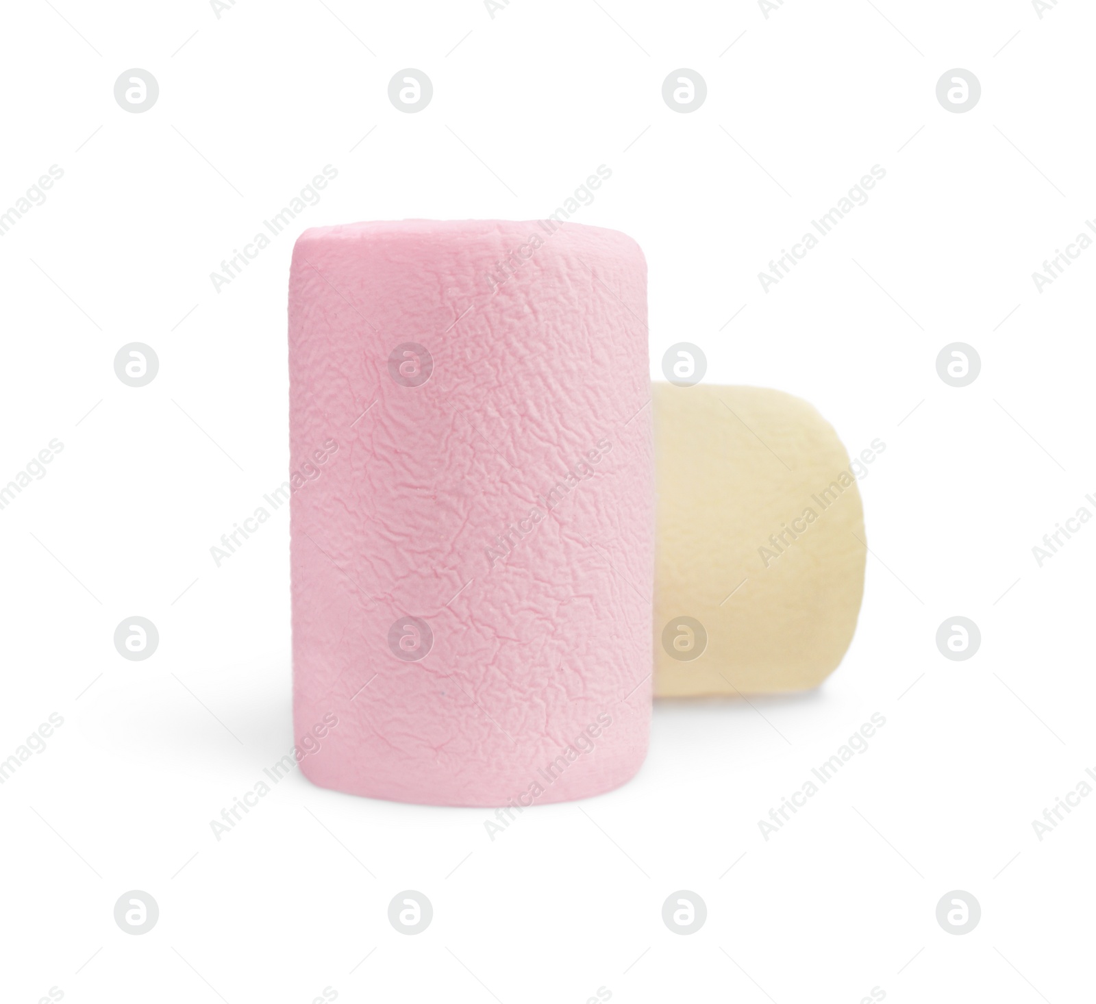 Photo of Delicious sweet puffy marshmallows on white background