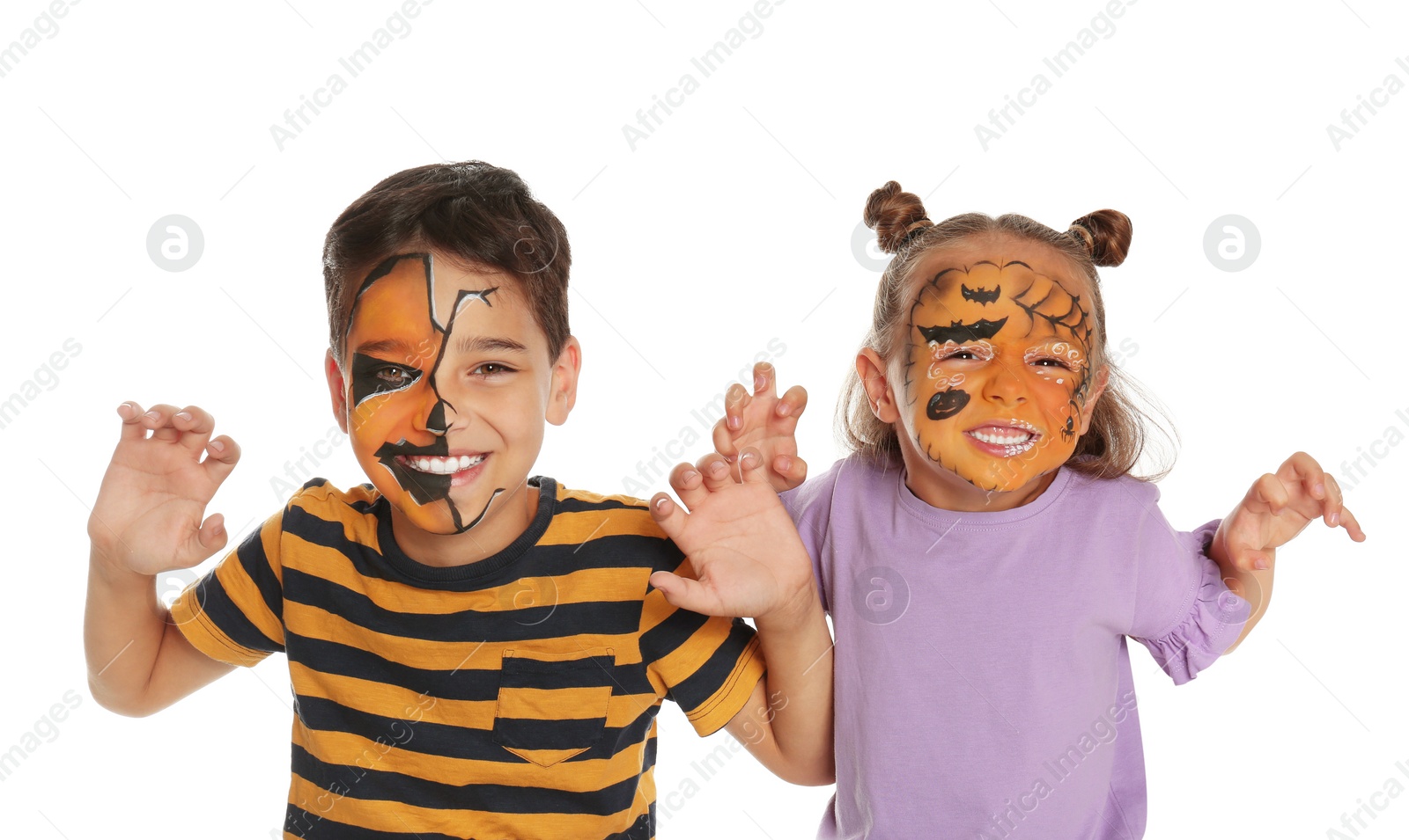 Photo of Cute little children with face painting on white background
