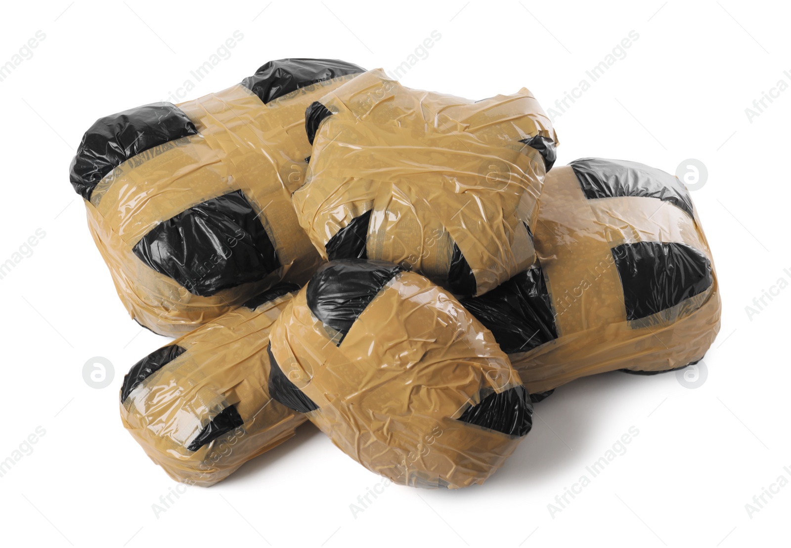 Photo of Packages with narcotics isolated on white. Drug addiction