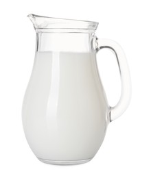 Photo of Glass jug of fresh milk isolated on white