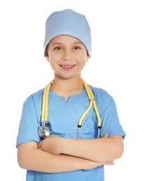 Photo of Cute little child in doctor uniform with stethoscope on white background