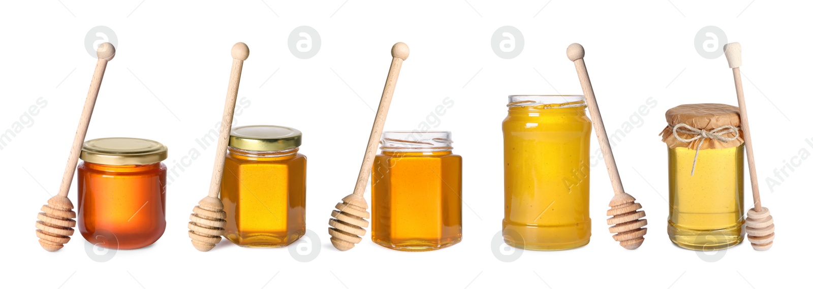 Image of Natural honey in glass jars and dippers isolated on white, set