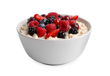 Photo of Bowl with tasty oatmeal porridge and berries on white background. Healthy meal
