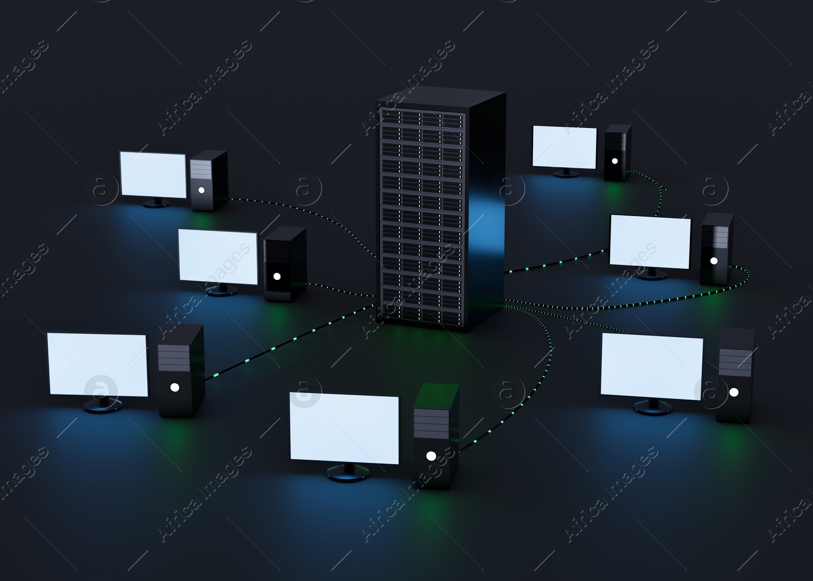 Illustration of Computers connected with server on dark background, illustration. Multi-user system