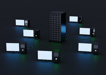 Computers connected with server on dark background, illustration. Multi-user system