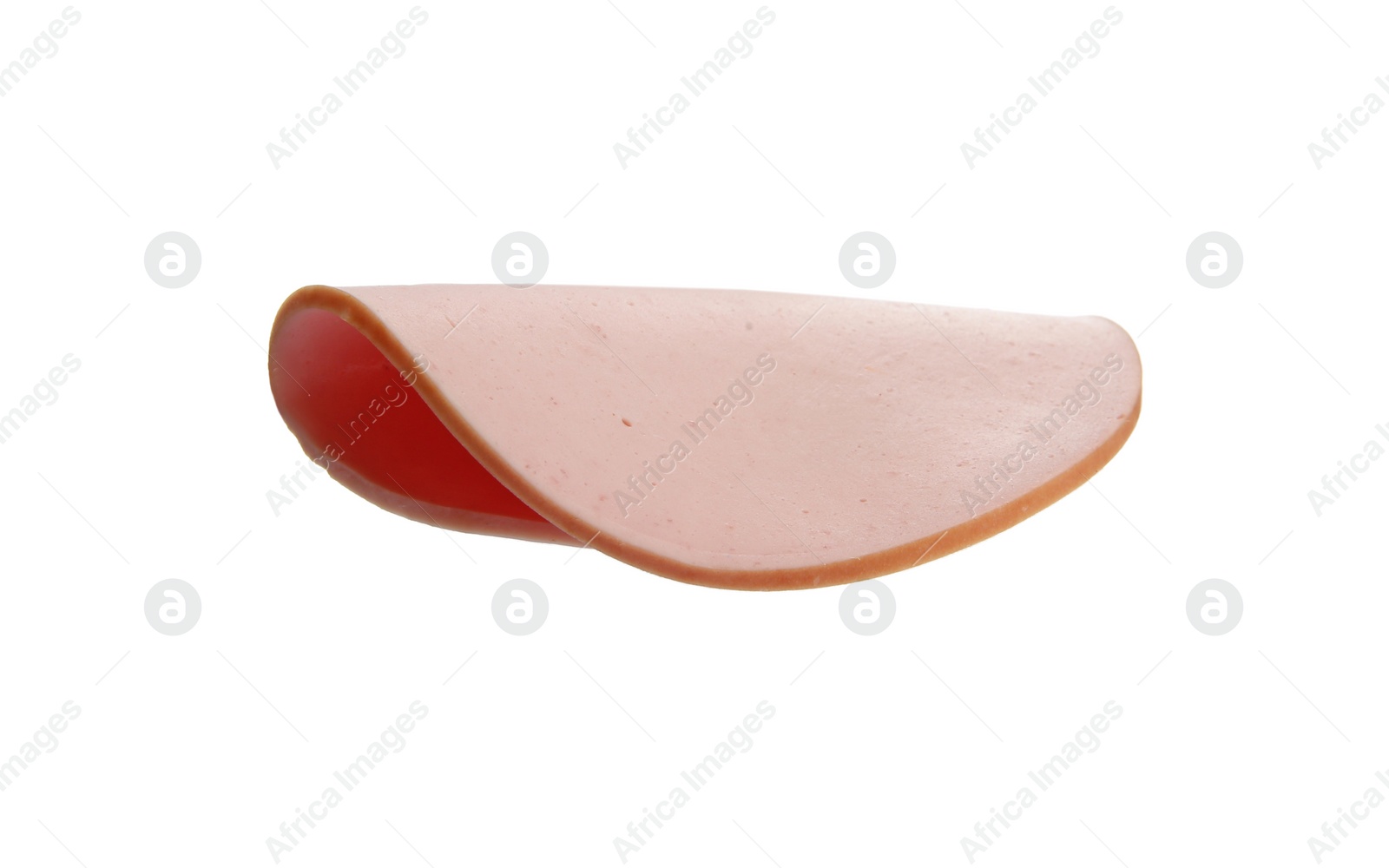 Photo of Slice of tasty boiled sausage isolated on white