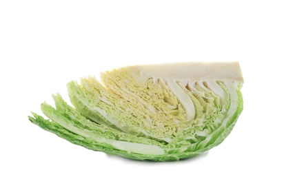 Photo of Fresh cut savoy cabbage on white background