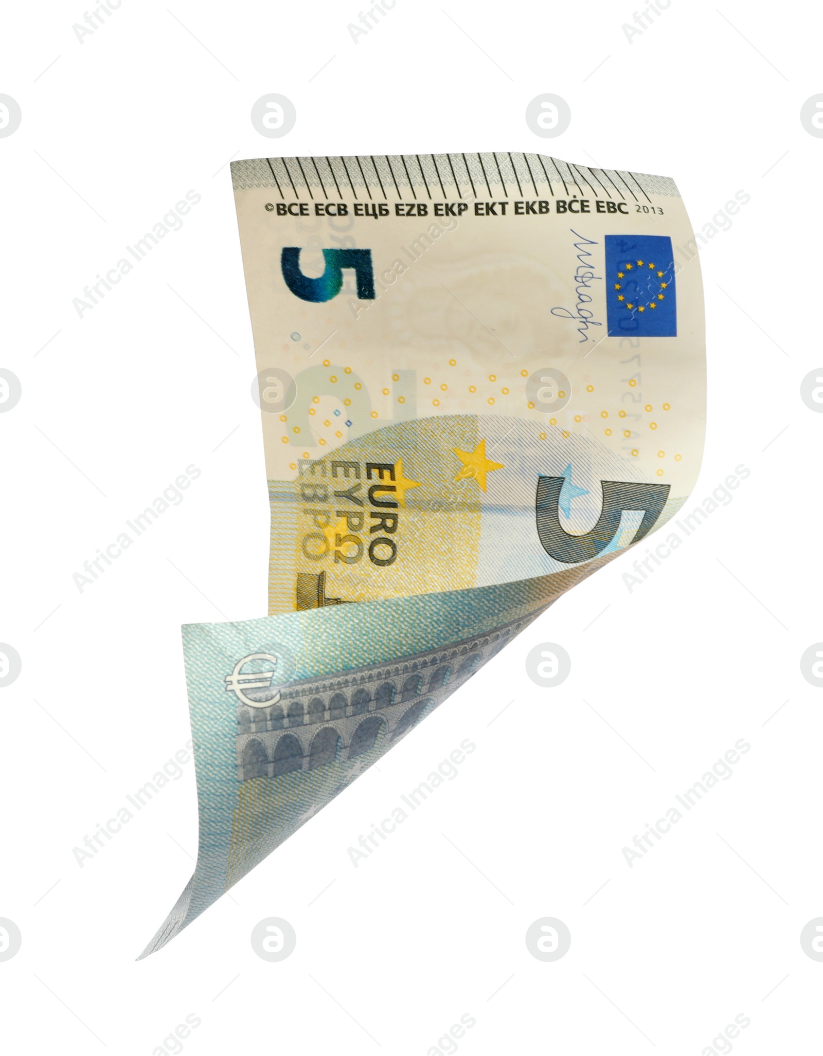 Photo of Flying five Euro banknote isolated on white