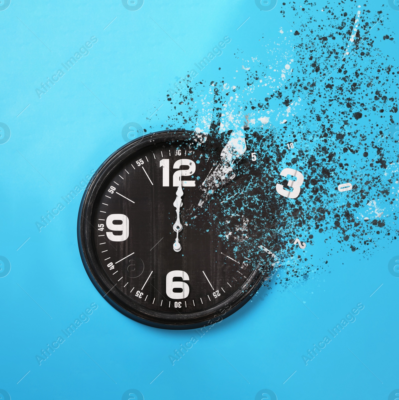 Image of Flow of time. Analog clock dissolving on light blue background