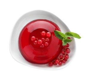 Delicious jelly with berries and mint on white background, top view