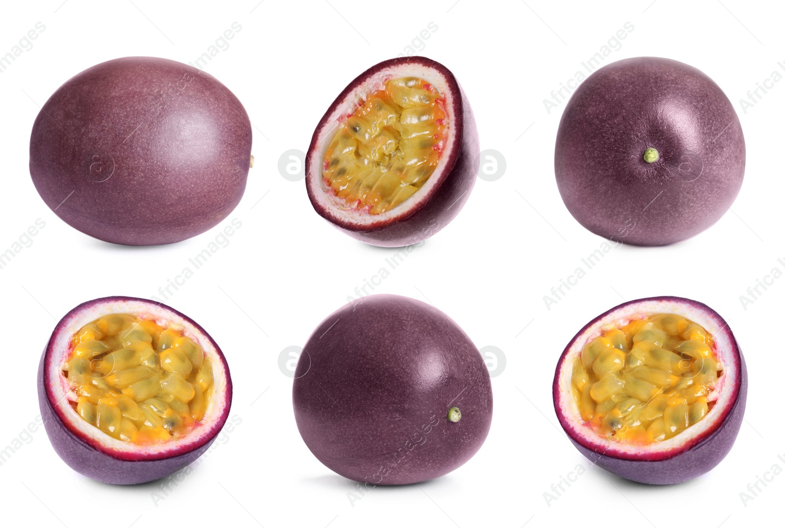 Image of Set with delicious passion fruits on white background