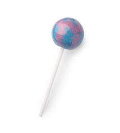 Photo of One sweet colorful lollipop isolated on white, top view