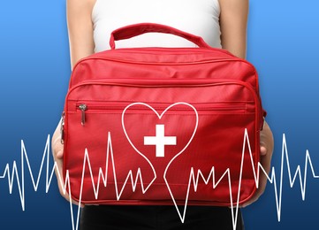 Image of Woman holding first aid kit and illustration of heartbeat rate on blue background, closeup