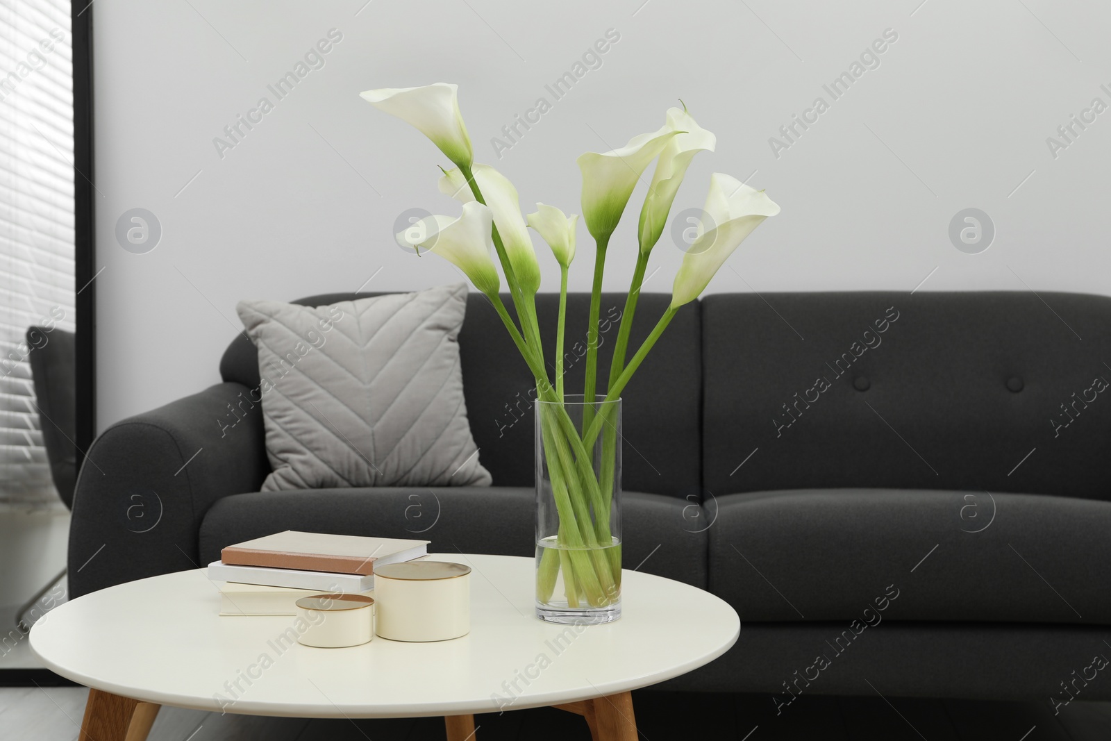 Photo of Beautiful calla lily flowers in glass vase, boxes and books on white table at home