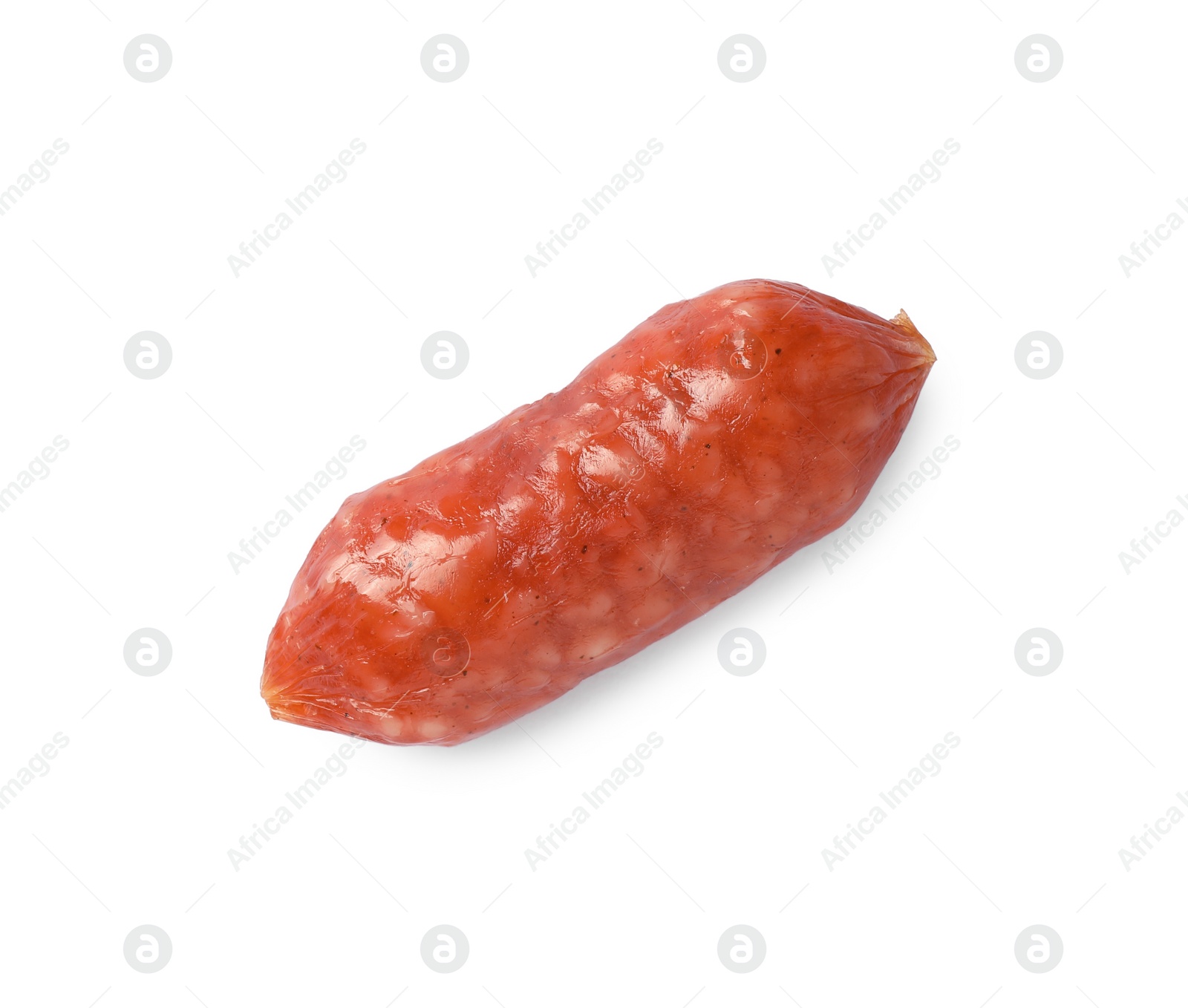 Photo of One thin dry smoked sausage isolated on white, top view