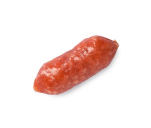 One thin dry smoked sausage isolated on white, top view