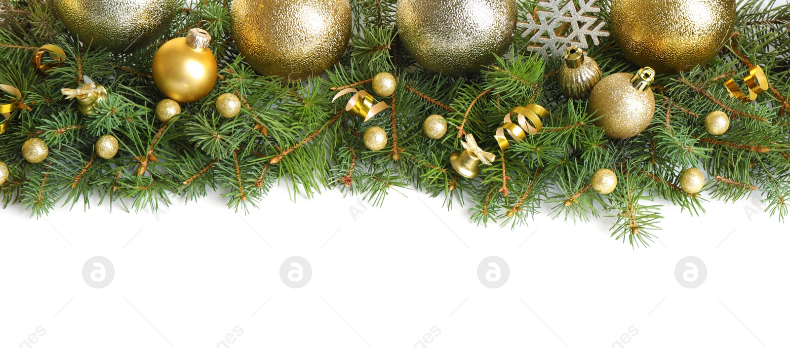 Photo of Fir tree branches with Christmas decoration on white background, flat lay