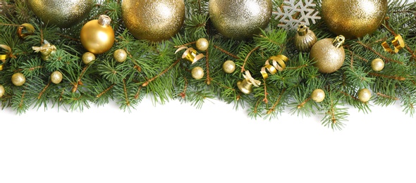 Photo of Fir tree branches with Christmas decoration on white background, flat lay