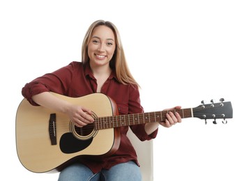 Photo of Woman with guitar on white background. Music teacher