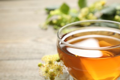 Photo of Cup of tea and linden blossom on table, closeup. Space for text