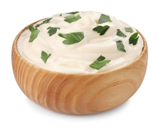 Mayonnaise with parsley in wooden bowl isolated on white