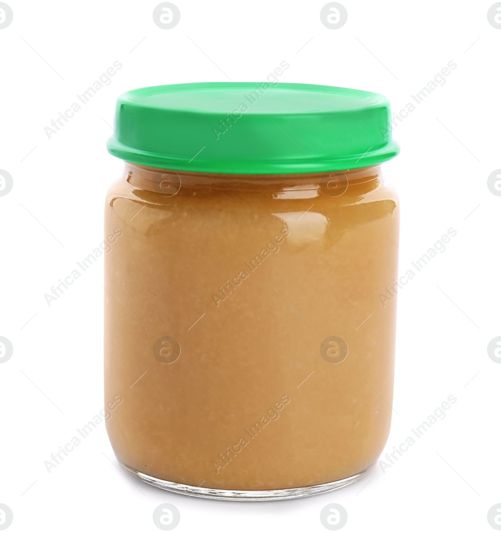 Photo of Jar with healthy baby food on white background