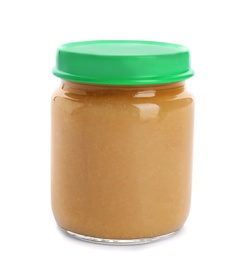 Jar with healthy baby food on white background