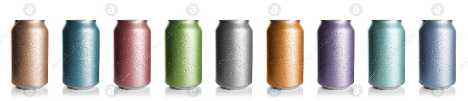 Image of Set with different colorful aluminium cans of beverage on white background. Banner design