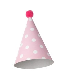 Photo of One pink party hat isolated on white