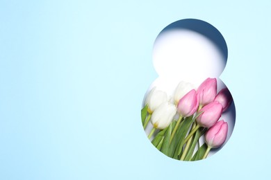 Photo of 8 March greeting card design with tulips and space for text, top view. Happy International Women's Day