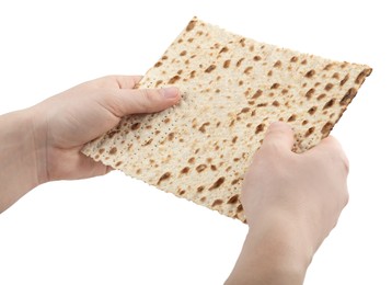 Woman with passover matzo on white background, closeup