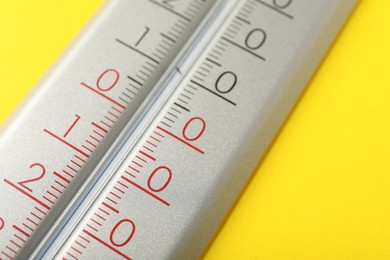 Photo of Modern weather thermometer on yellow background, closeup