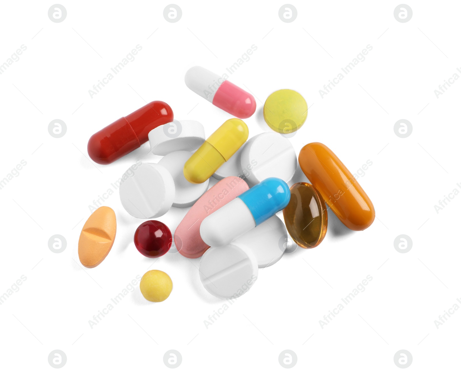 Photo of Many different pills isolated on white, top view