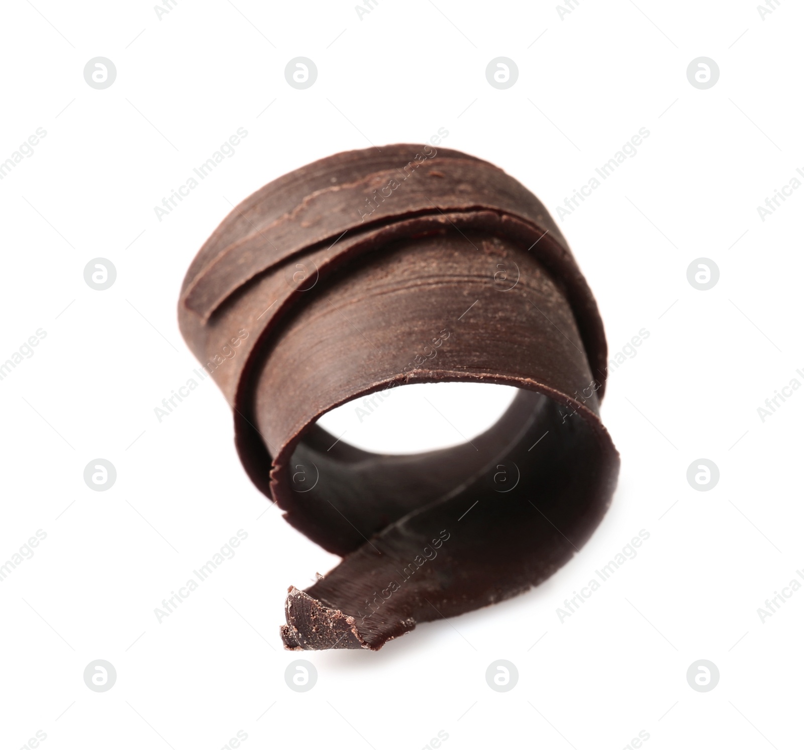 Photo of Yummy chocolate curl for decor on white background